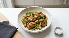 フライパンひとつで本格味:鶏ももと野菜のグリーンカレー炒め(牛乳でまろやか)